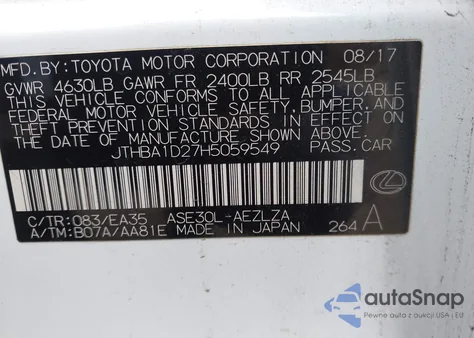 2017 Lexus Is 200T из США, поврежденный, VIN JTHBA1D27H5059549